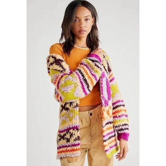 FREE PEOPLE Peggy Wool Blend Open Cardigan Sweater Sunshine Orchid Size XS Boho - Picture 9 of 10
